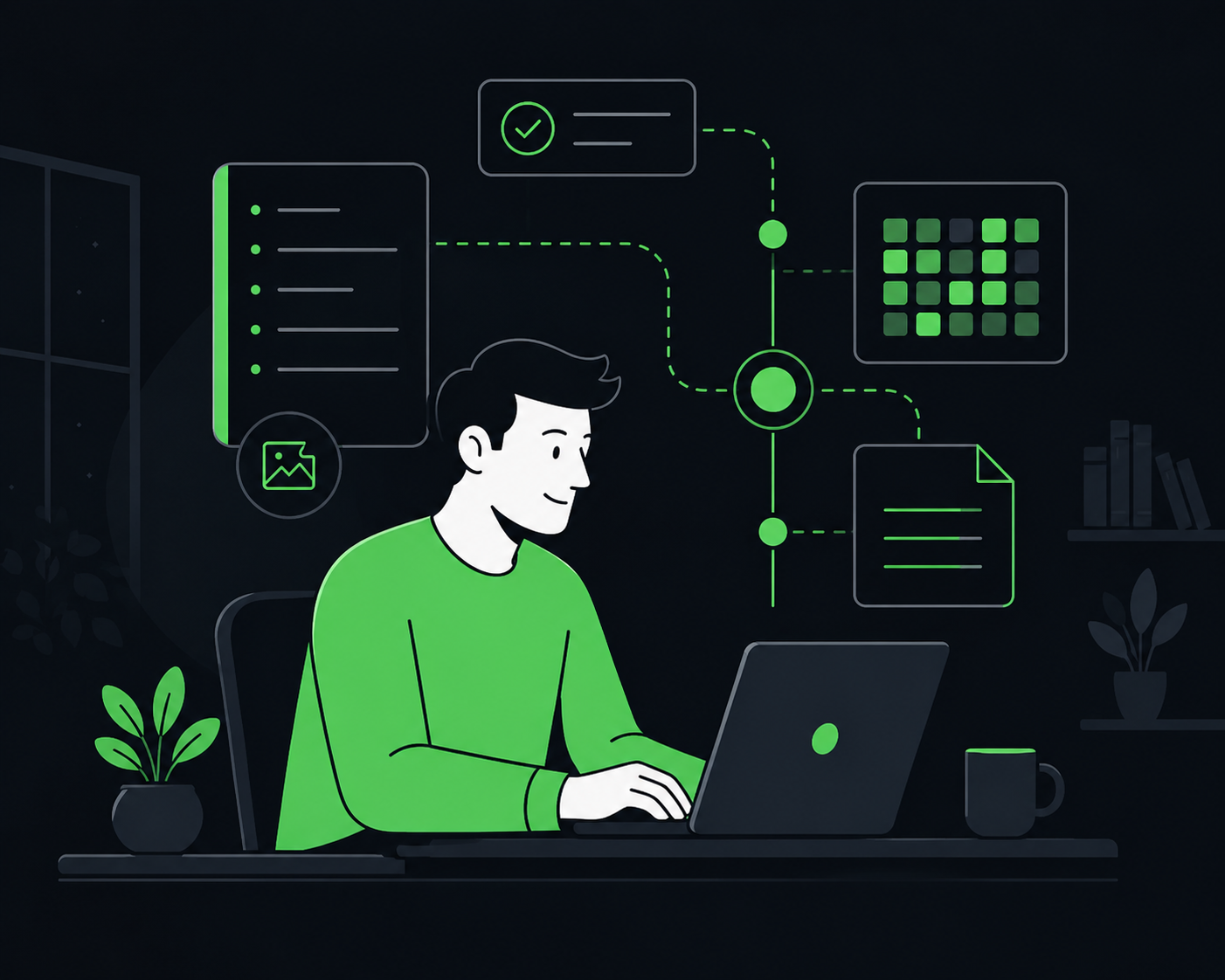 Developer logging work at a laptop while entries flow into a checklist, activity heatmap and master document