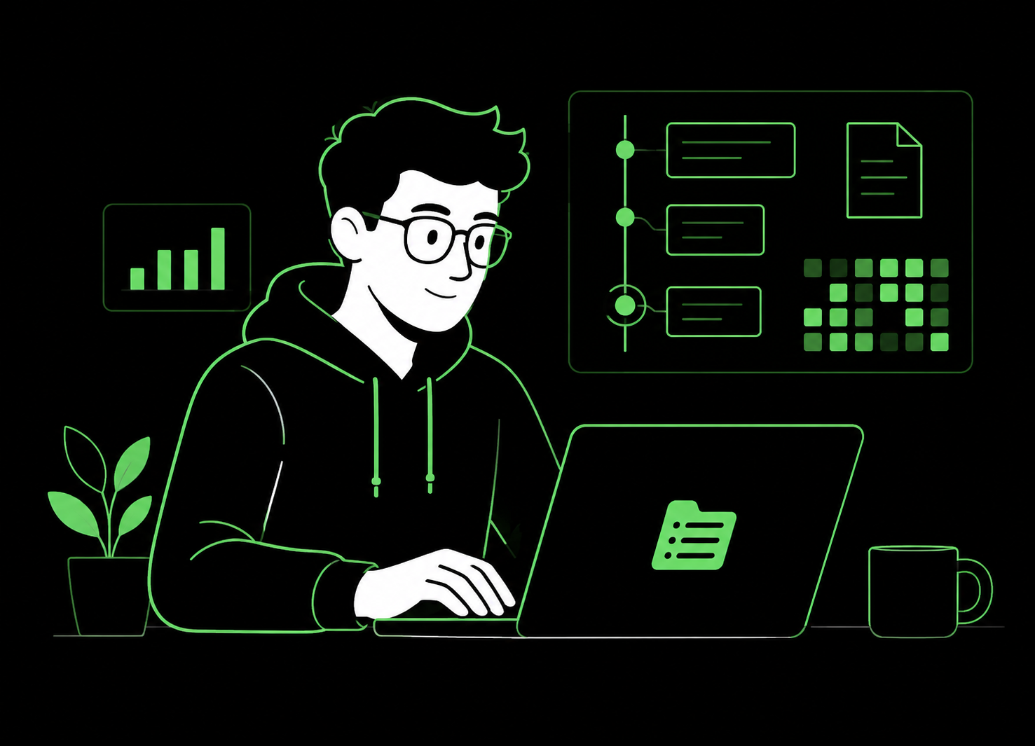 Developer logging work in WorklogLM with a timeline, activity heatmap and exported master file